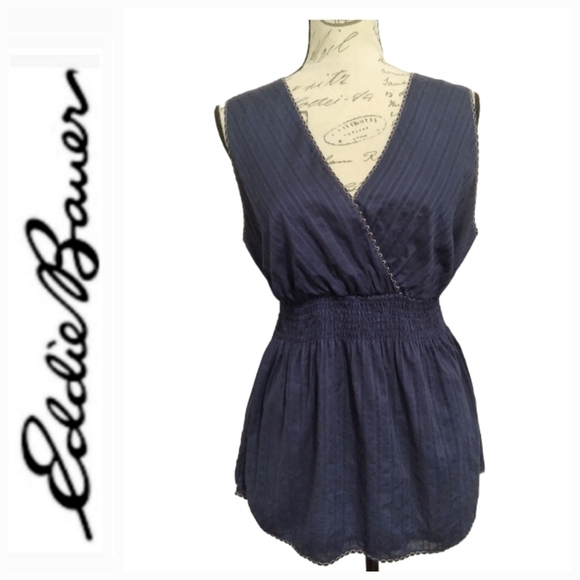 Eddie Bauer Tops - Eddie Bauer Navy Sleeveless Smocked-Waist V-Neck Top